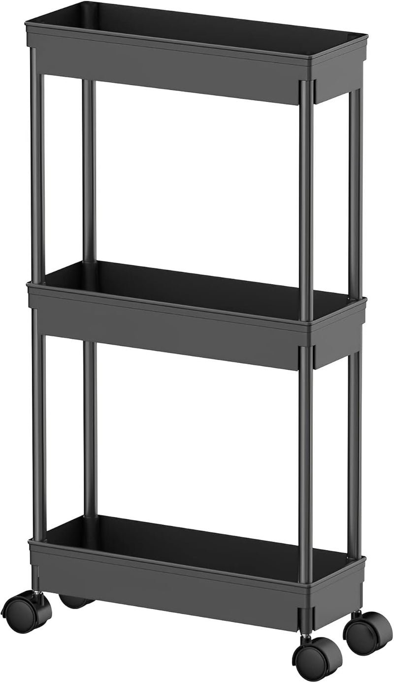 Sooyee 3 Tier Rolling Cart with Wheels,Slim Storage Cart,Narrow Storage Cabinet,Under Desk Storage,Rolling Utility Cart Storage Organizer for Office Bathroom Kitchen Laundry Room Narrow Places, Black - Image 1