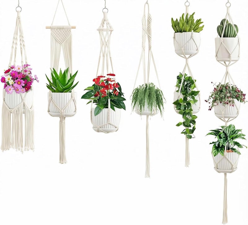 CHIYLE Macrame Plant Hangers 6-Pack – Handmade Cotton Rope Hanging Planters for Indoor & Outdoor Plants, Boho Home Décor, Durable Plant Holder Set with Hanging Accessories (White, Pots Not Included) - Image 1
