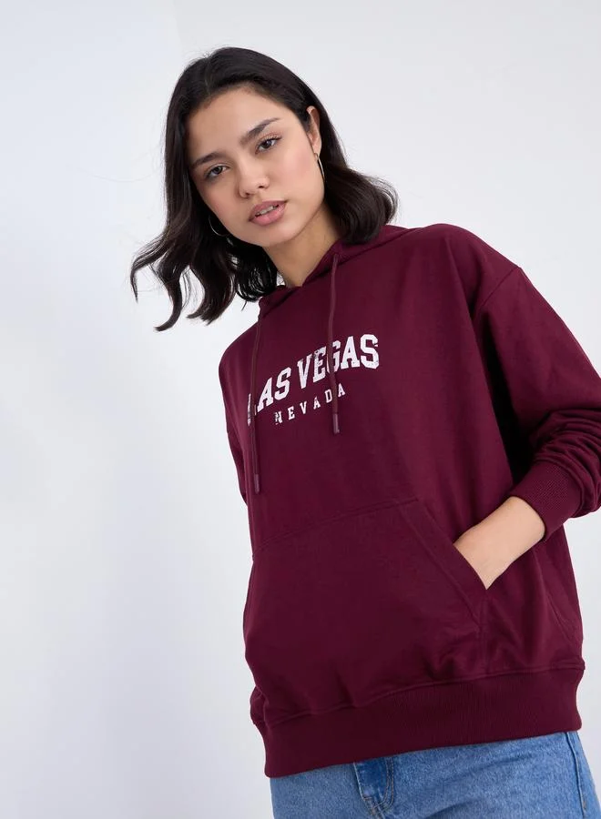 Styli Burgundy Regular Fit LA Print Hoodie
