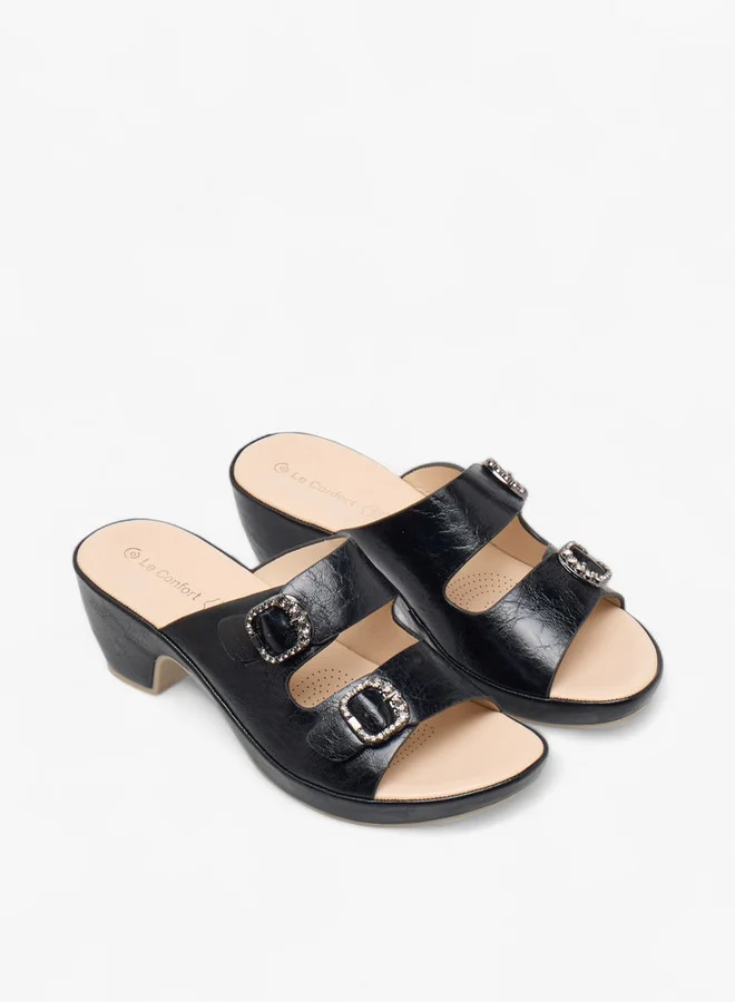 Le Confort Women's Textured Slip-On Comfort Sandals with Embellished Buckle Accent and Block Heels
