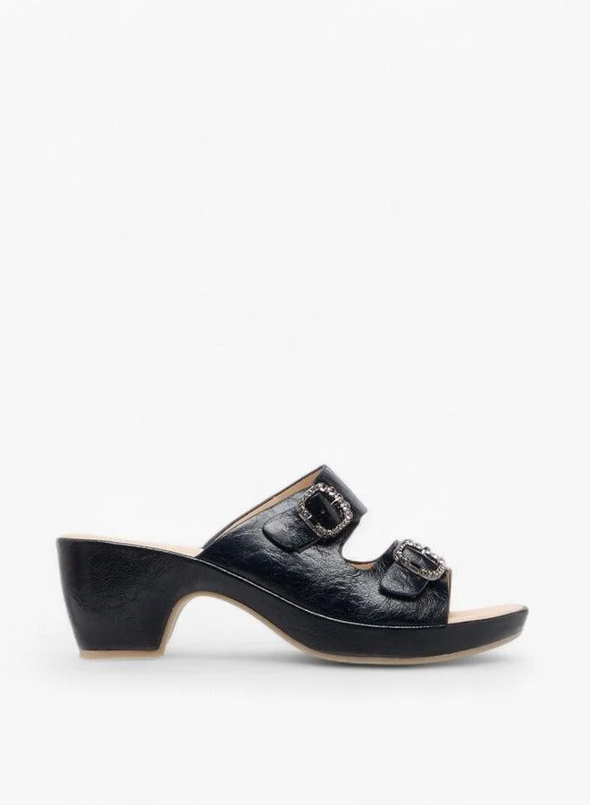 Le Confort Women's Textured Slip-On Comfort Sandals with Embellished Buckle Accent and Block Heels