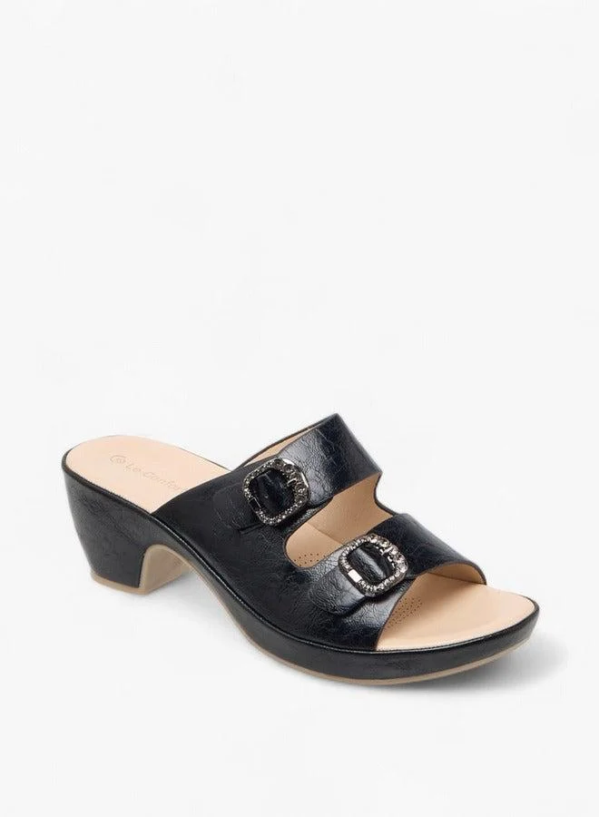 Le Confort Women's Textured Slip-On Comfort Sandals with Embellished Buckle Accent and Block Heels