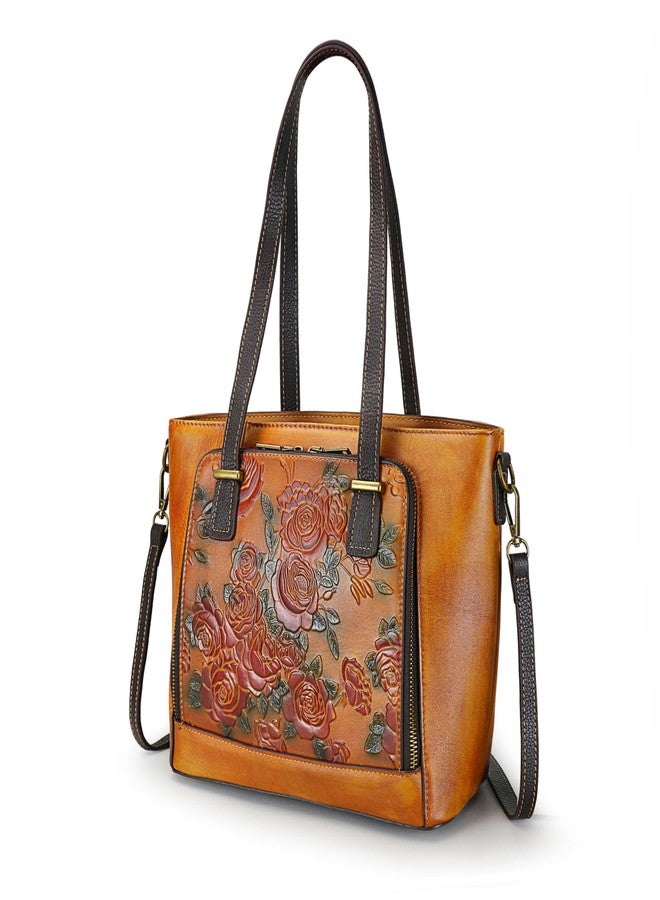 LETEULO Tote Bag for Women Leather Shoulder Bag Ladies Purses Vintage Satchels Handbag Retro Rose Embossing Brown - Image 1