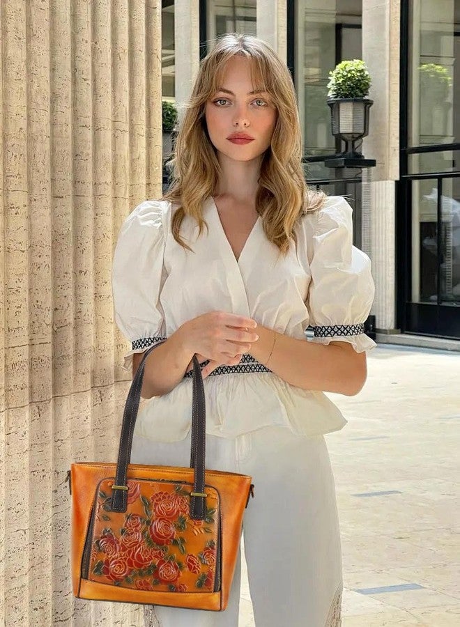 LETEULO Tote Bag for Women Leather Shoulder Bag Ladies Purses Vintage Satchels Handbag Retro Rose Embossing Brown - Image 2
