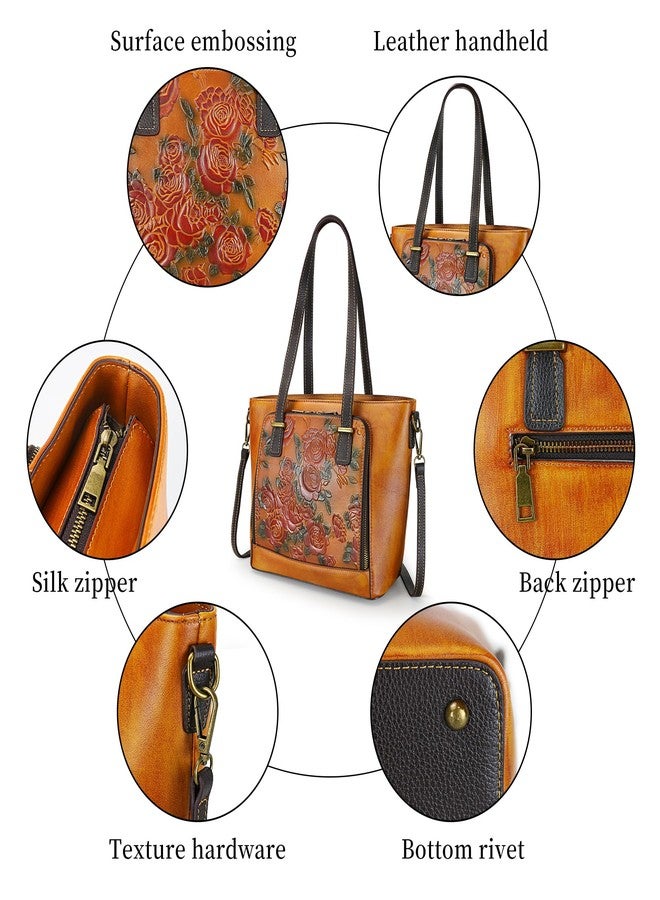 LETEULO Tote Bag for Women Leather Shoulder Bag Ladies Purses Vintage Satchels Handbag Retro Rose Embossing Brown - Image 4