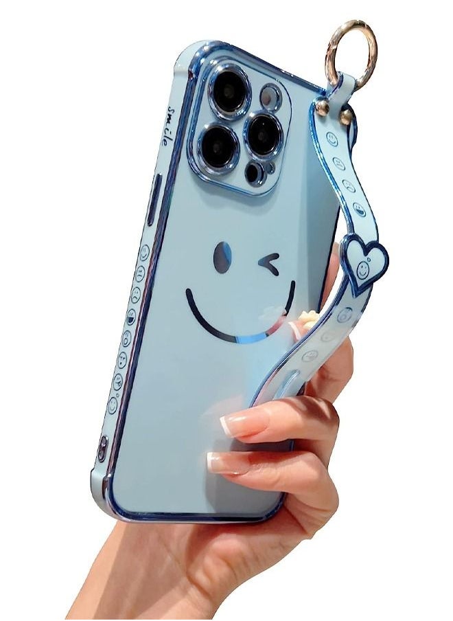 Generic - iPhone 14 Pro Case for Women,Bling Glitter Plating Smile Face Cover with Strap & Camera Lens Protection Soft TPU Shockproof Bumper Phone Case for iPhone 14 Pro (Sky Blue) - Image 1