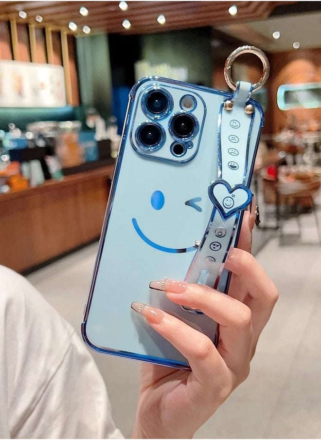Generic - iPhone 14 Pro Case for Women,Bling Glitter Plating Smile Face Cover with Strap & Camera Lens Protection Soft TPU Shockproof Bumper Phone Case for iPhone 14 Pro (Sky Blue) - Image 1