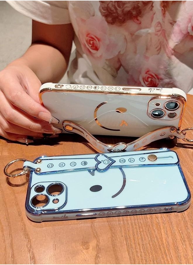 Generic - iPhone 14 Pro Case for Women,Bling Glitter Plating Smile Face Cover with Strap & Camera Lens Protection Soft TPU Shockproof Bumper Phone Case for iPhone 14 Pro (Sky Blue) - Image 1