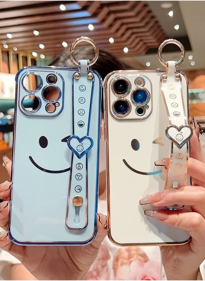 Generic - iPhone 14 Pro Case for Women,Bling Glitter Plating Smile Face Cover with Strap & Camera Lens Protection Soft TPU Shockproof Bumper Phone Case for iPhone 14 Pro (Sky Blue) - Image 1