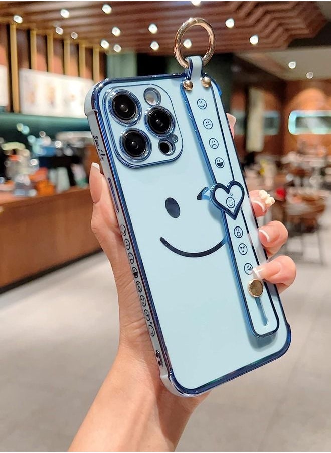 Generic - iPhone 14 Pro Case for Women,Bling Glitter Plating Smile Face Cover with Strap & Camera Lens Protection Soft TPU Shockproof Bumper Phone Case for iPhone 14 Pro (Sky Blue) - Image 1