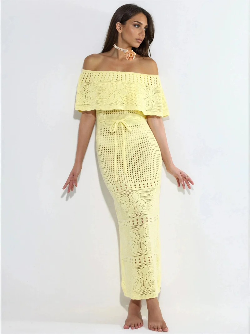 هيكاب Knit Maxi Bardot Neck Beach Dress