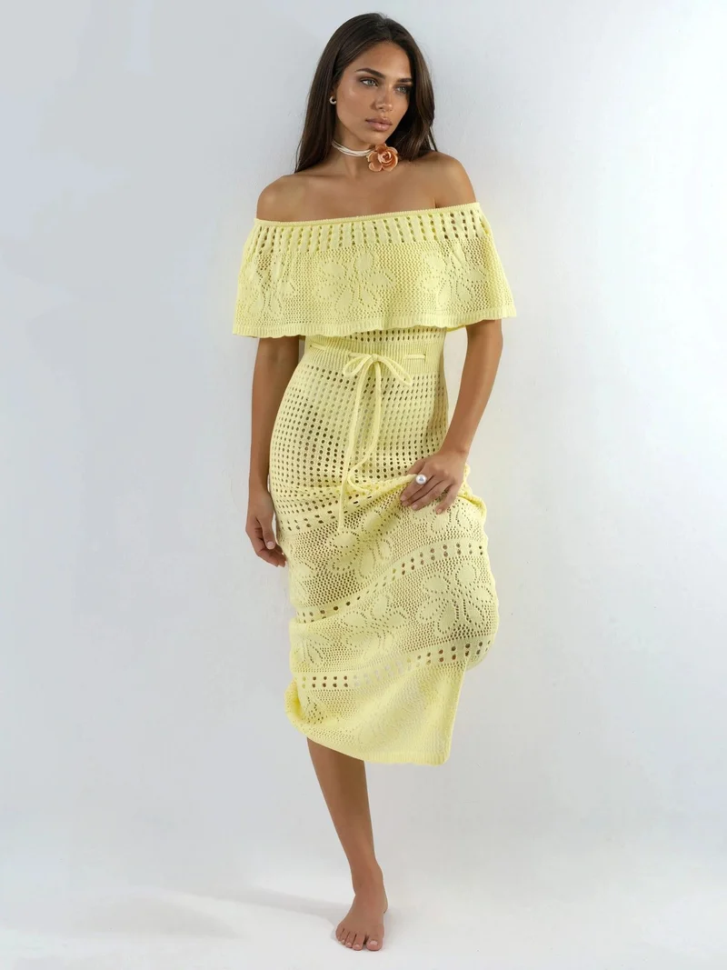 Hiccup Lemon Yellow Knit Maxi Bardot Neck Beach Dress for Women | Best Price UAE