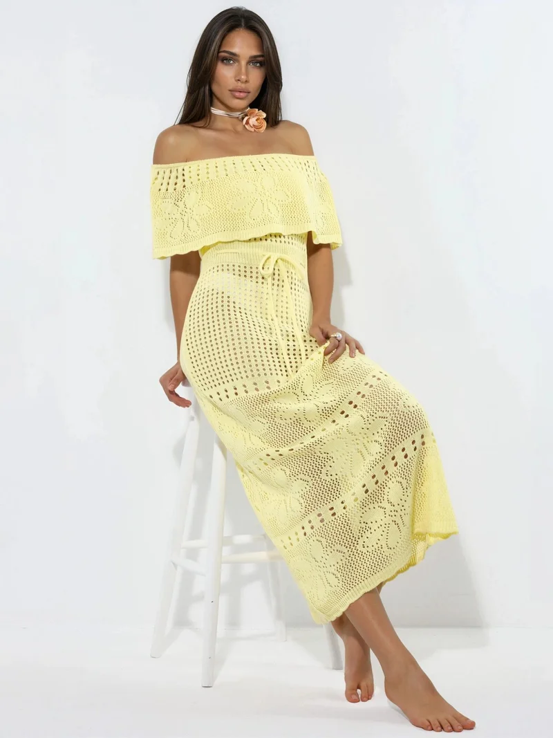 Hiccup Lemon Yellow Knit Maxi Bardot Neck Beach Dress for Women | Best Price UAE