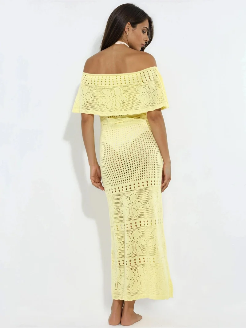 Hiccup Lemon Yellow Knit Maxi Bardot Neck Beach Dress for Women | Best Price UAE