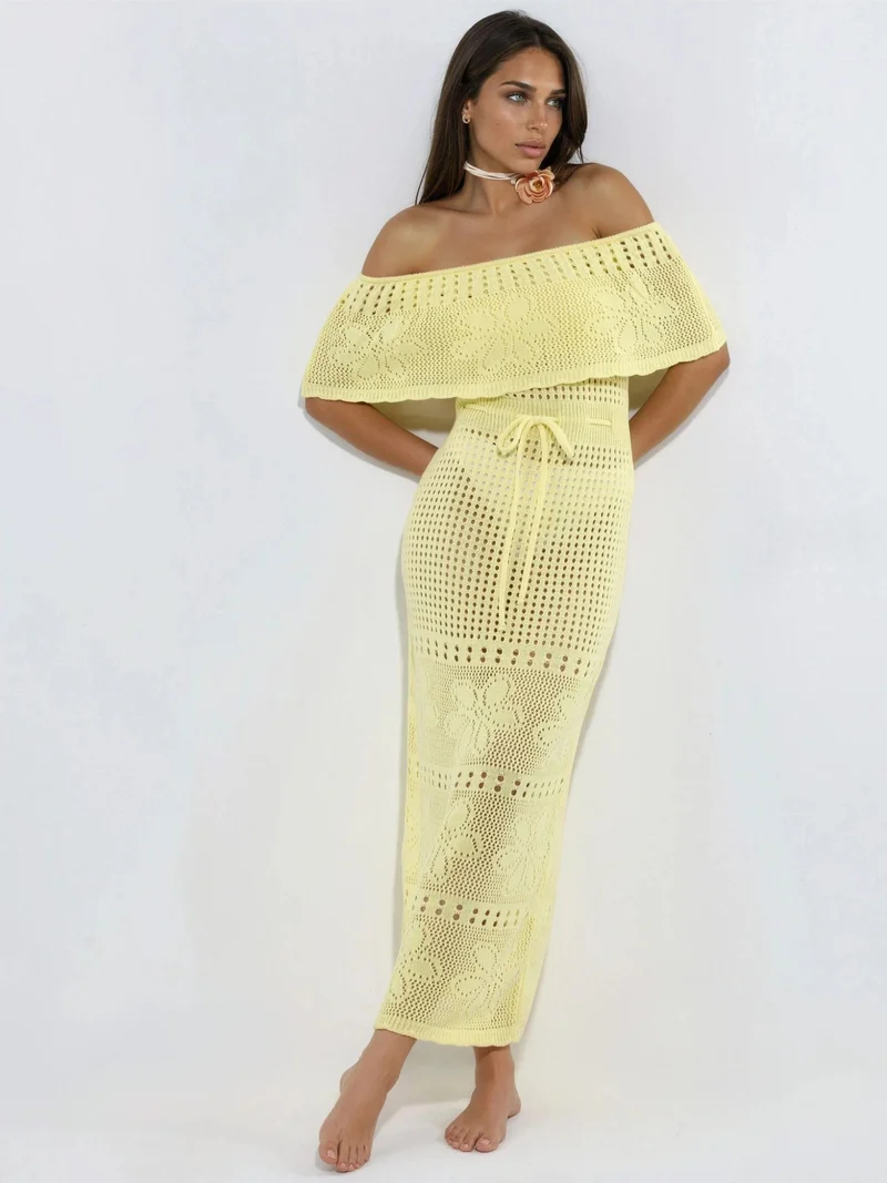 Hiccup Lemon Yellow Knit Maxi Bardot Neck Beach Dress for Women | Best Price UAE