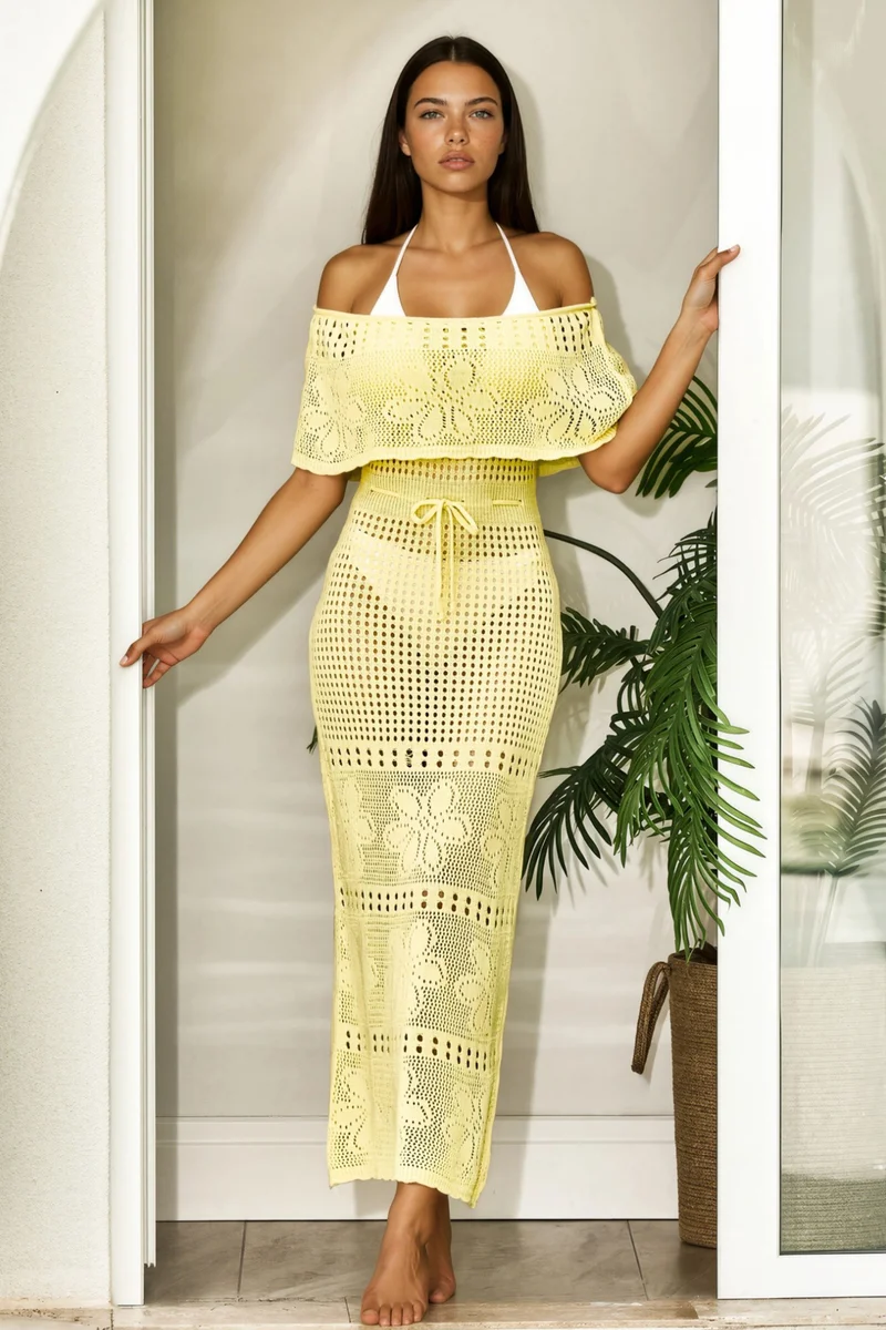 هيكاب Knit Maxi Bardot Neck Beach Dress