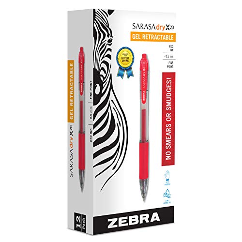 Zebra Pen Sarasa Dry X20 Retractable Gel Pen, Fine Point, 0.5mm, Red Ink, 12-Pack (46730) - Image 1