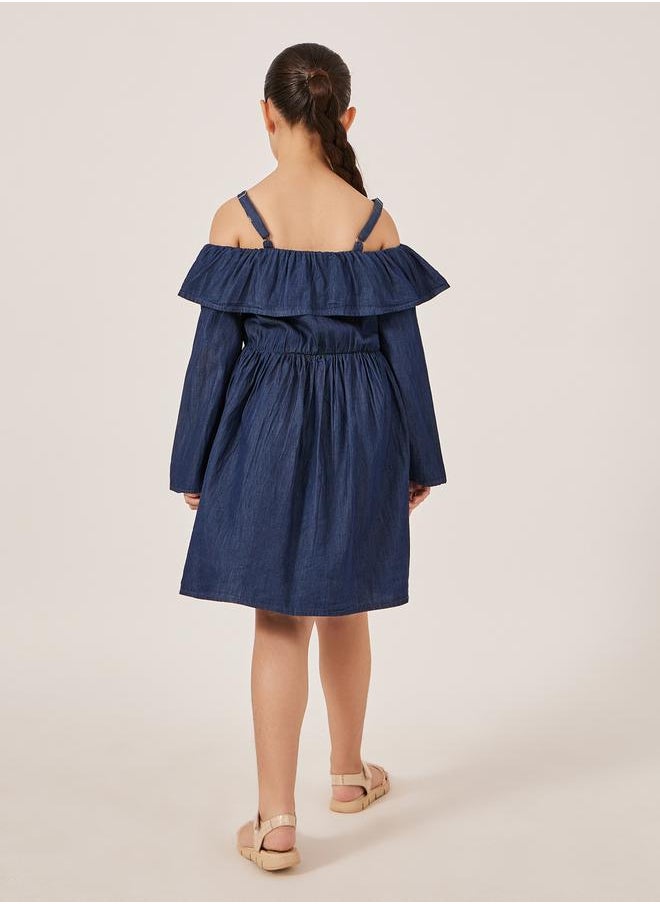 Styli Plain Cold-Shoulder Sleeves Denim Dress  - Image 4