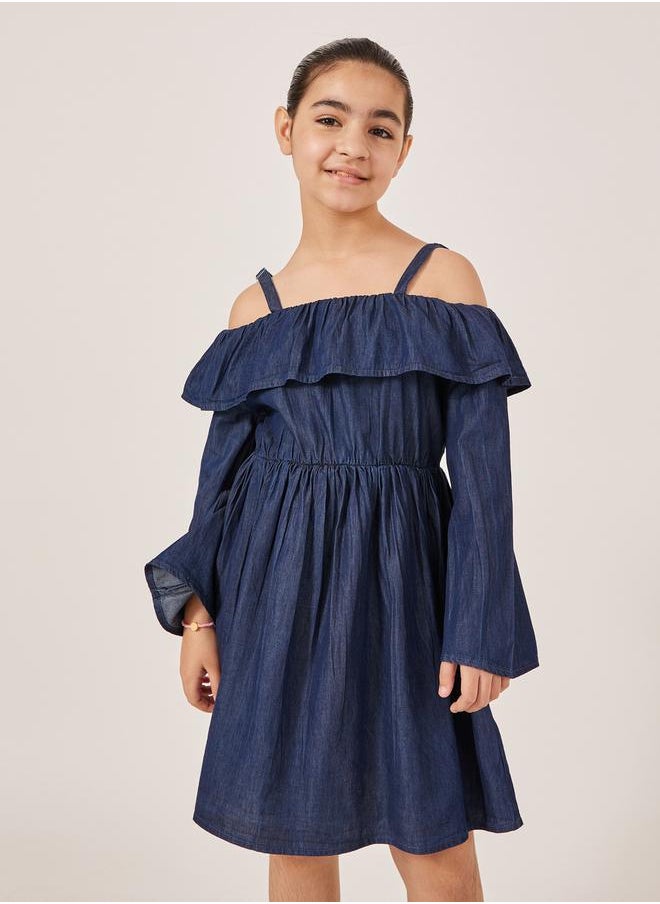 Styli Plain Cold-Shoulder Sleeves Denim Dress  - Image 2