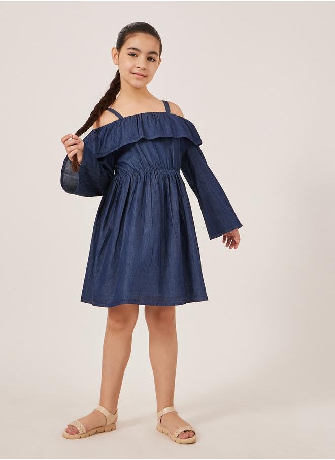 Styli Plain Cold-Shoulder Sleeves Denim Dress  - Image 1