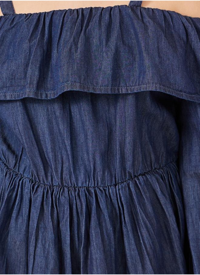 Styli Plain Cold-Shoulder Sleeves Denim Dress  - Image 3