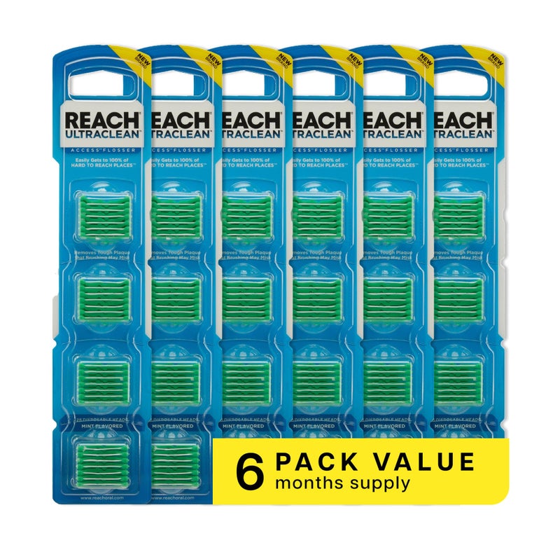 REACH Ultraclean Access Flosser Refill Heads, Mint, Plaque Remover for Teeth, Shred Resistant, for Hard to Reach Areas, Oral Care, PFAS Free, for Adults & Kids, 6 Pack, 28 Count - Image 1