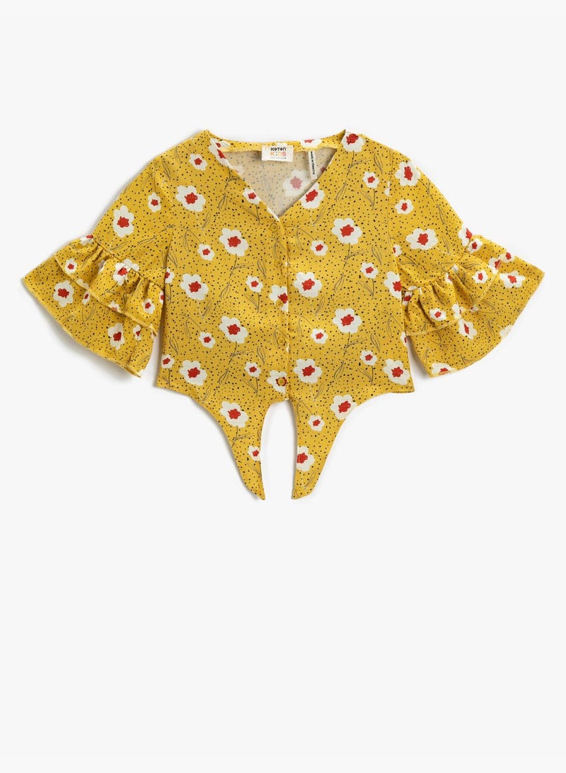 KOTON Crop Blouse Floral Short Sleeve Frilly Tie-Front Detail  - Image 1