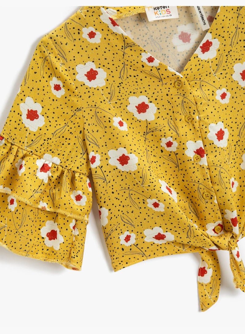 KOTON Crop Blouse Floral Short Sleeve Frilly Tie-Front Detail  - Image 3