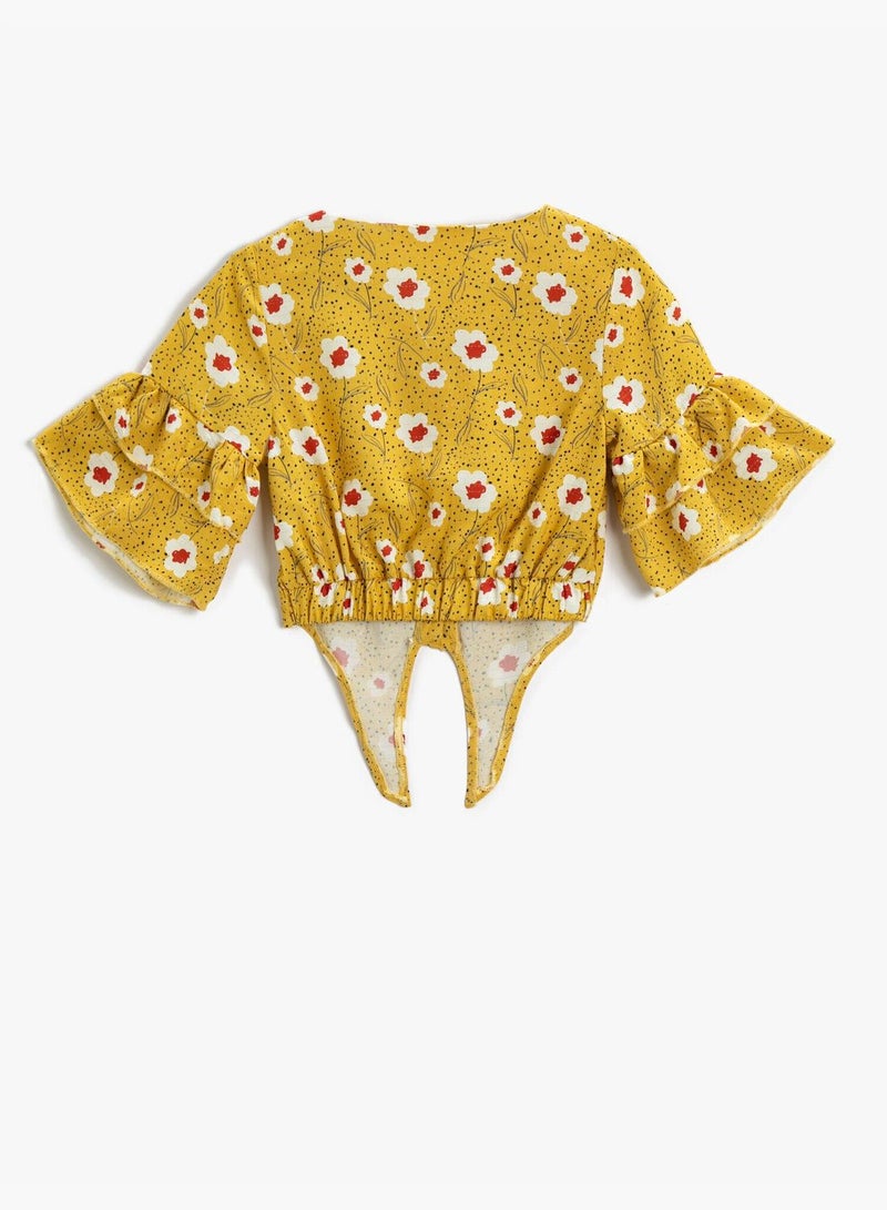 KOTON Crop Blouse Floral Short Sleeve Frilly Tie-Front Detail  - Image 2
