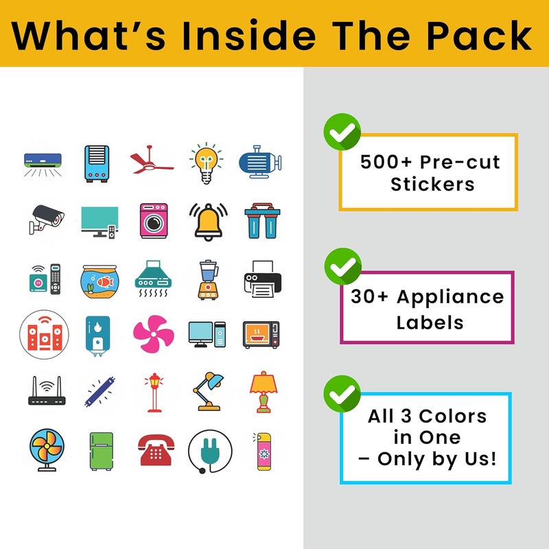 SOLOBOLO Vinyl 500+ Switch Board Button Self Adhesive Stickers For Plastic Surface for Home,30+ Icons for Fan Light Fridge AC,3 in 1 Gold,Rose Gold & Colourful Labels for Switchboard,15 cm - Image 3