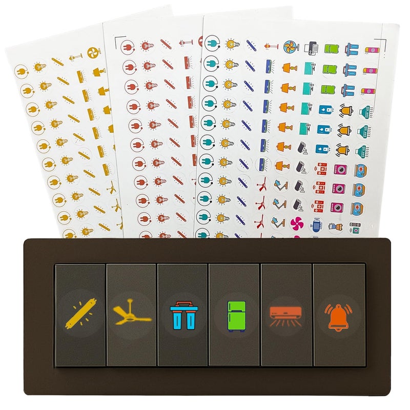 SOLOBOLO Vinyl 500+ Switch Board Button Self Adhesive Stickers For Plastic Surface for Home,30+ Icons for Fan Light Fridge AC,3 in 1 Gold,Rose Gold & Colourful Labels for Switchboard,15 cm - Image 1
