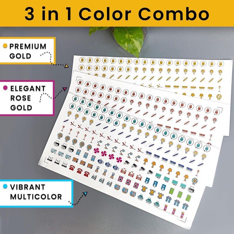 SOLOBOLO Vinyl 500+ Switch Board Button Self Adhesive Stickers For Plastic Surface for Home,30+ Icons for Fan Light Fridge AC,3 in 1 Gold,Rose Gold & Colourful Labels for Switchboard,15 cm - Image 4