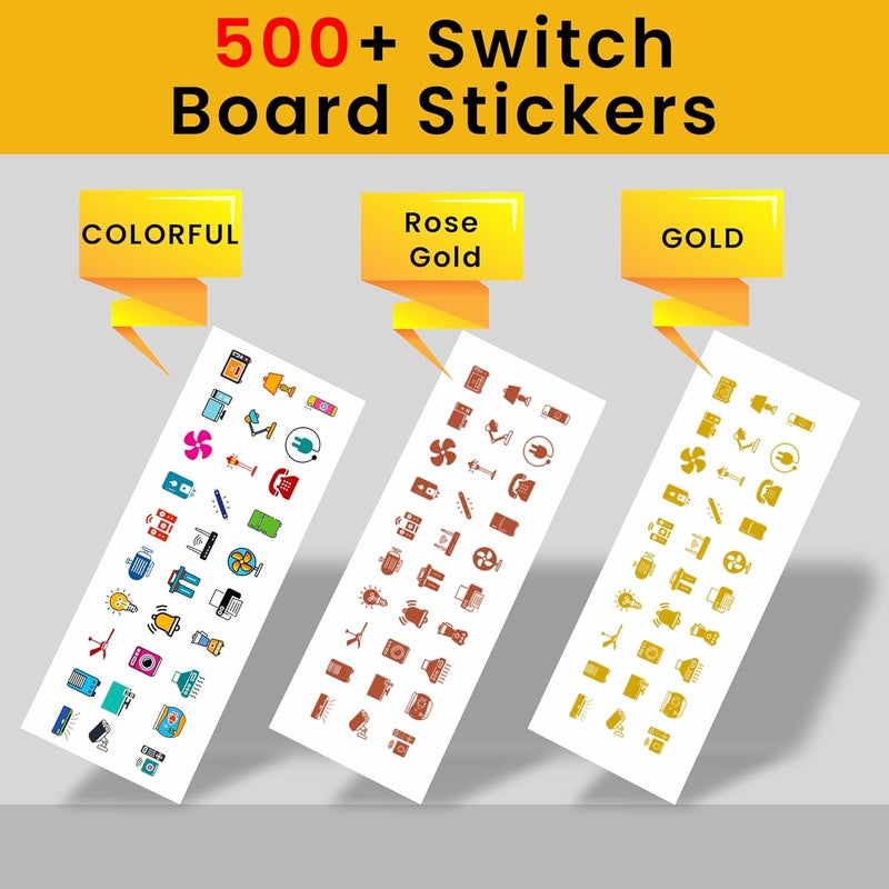 SOLOBOLO Vinyl 500+ Switch Board Button Self Adhesive Stickers For Plastic Surface for Home,30+ Icons for Fan Light Fridge AC,3 in 1 Gold,Rose Gold & Colourful Labels for Switchboard,15 cm - Image 2