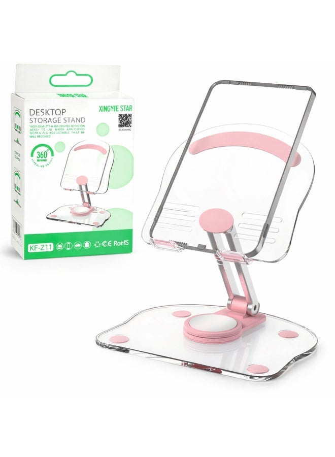 360° Rotating Acrylic Tablet Stand – Foldable & Adjustable Tablet Holder for Desk, Compatible with 4.7”–13” Tablets & Phones (Pink) - Image 1