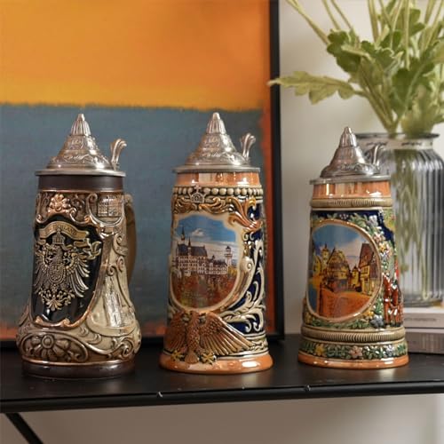 NENBOLEC Beer Stein Mug German Oktoberfest Bavarian Frankfurt Viking Tankard with Petwer Lid for Men Father Beer Lover 0.6 Liter - Image 3