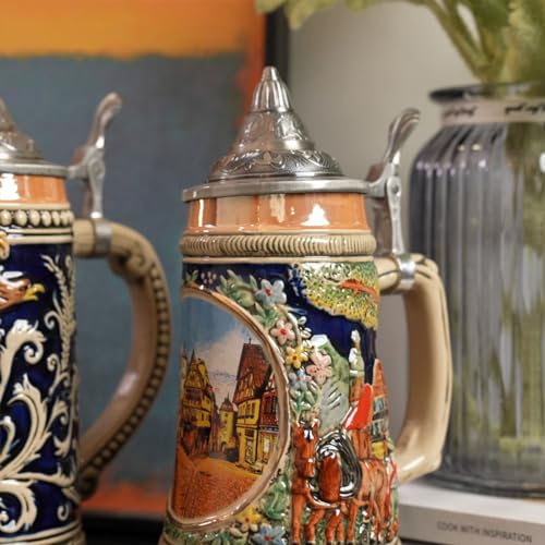 NENBOLEC Beer Stein Mug German Oktoberfest Bavarian Frankfurt Viking Tankard with Petwer Lid for Men Father Beer Lover 0.6 Liter - Image 2
