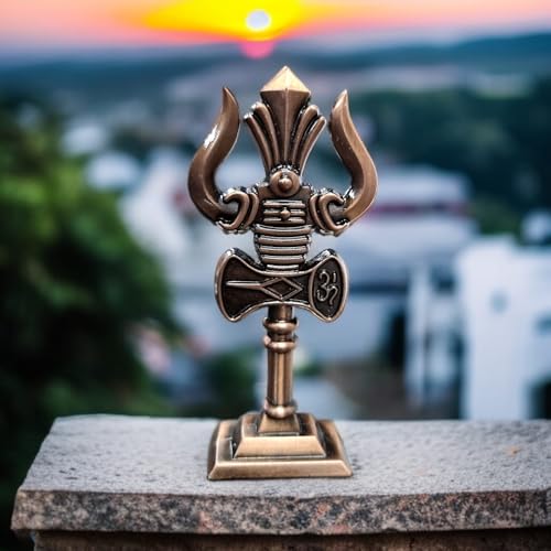RIANZ® Shivji Trishul with Damru and Om Idol for Mandir, Shiva Idol Car Dashboard Decoration Items Statue Metal Showpiece for Pooja Room Home & Office Decor (Bronze Small) - Image 1