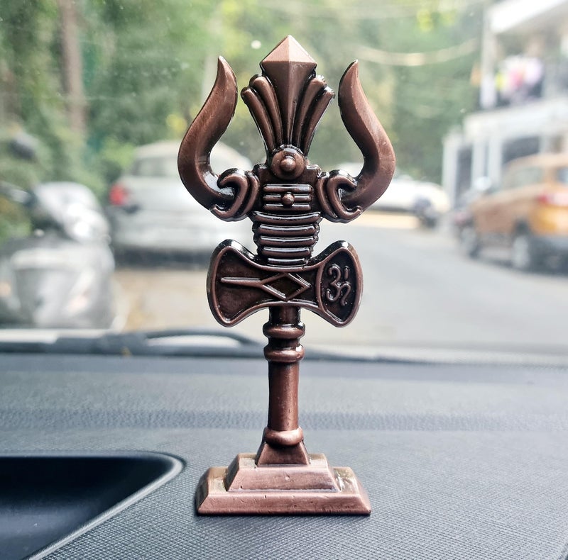 RIANZ® Shivji Trishul with Damru and Om Idol for Mandir, Shiva Idol Car Dashboard Decoration Items Statue Metal Showpiece for Pooja Room Home & Office Decor (Bronze Small) - Image 4