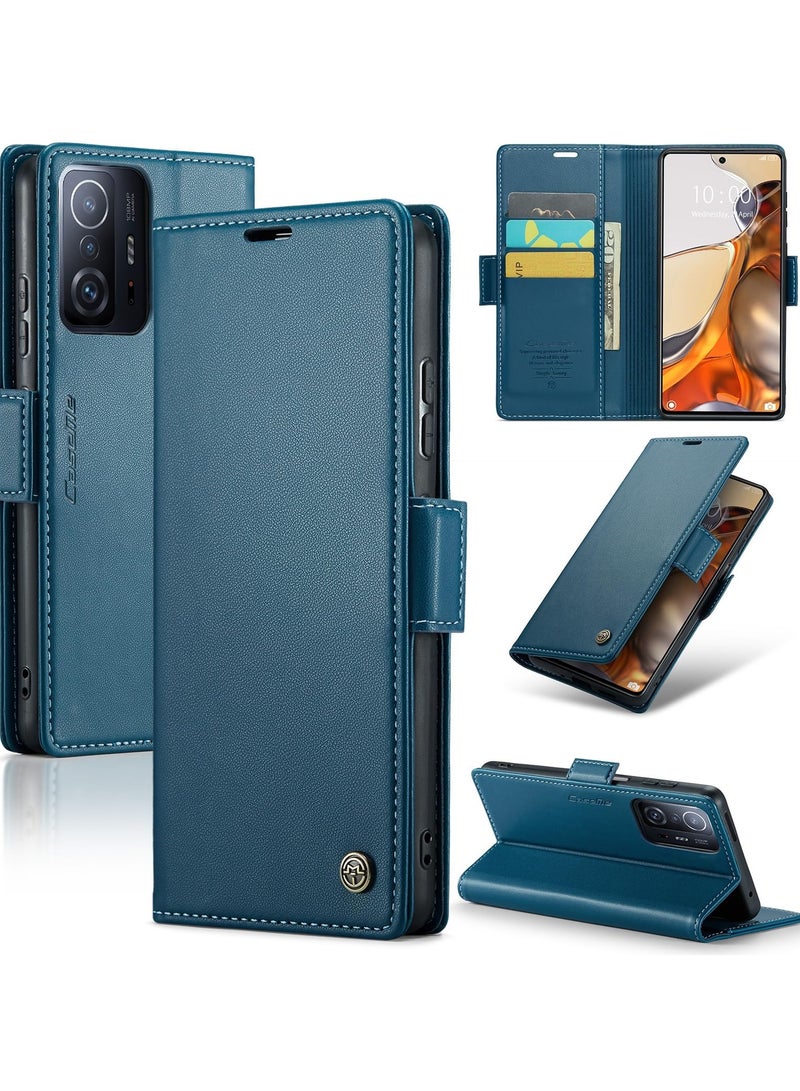 CaseMe Phone Case Luxury PU Leather Design Anti Fingerprint 023 Flip Cover Card Slot Holder Cover For Mi 11T / 11T Pro (Blue) - Image 1