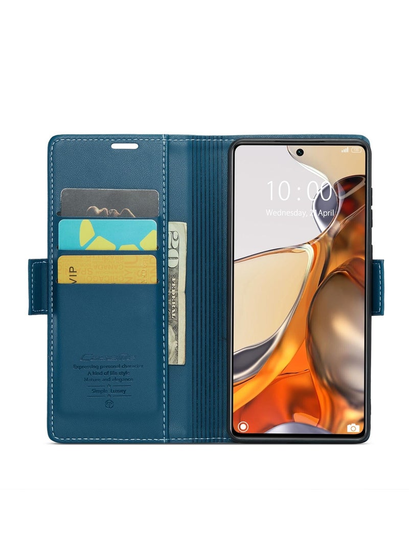 CaseMe Phone Case Luxury PU Leather Design Anti Fingerprint 023 Flip Cover Card Slot Holder Cover For Mi 11T / 11T Pro (Blue) - Image 2