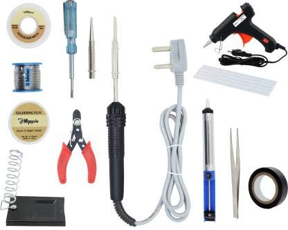 Hillgrove 13n1 Beginners 30W Soldering Iron Kit with Glue Gun | Tester | Soldering Wire | Insulation Tape | Pointed Bit | Soldering Flux | Stand | Cutter 30 W 30 W Simple (Flat, Pointed Tip) - Image 1