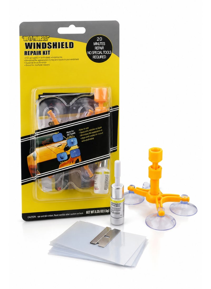 Windshield Repair Kit, DIY Car Glass Chip and Crack Repair Set with Repair Resin, Suction Repair Device, Curing Strips and Razor Blade for Laminated Windshields - Image 1