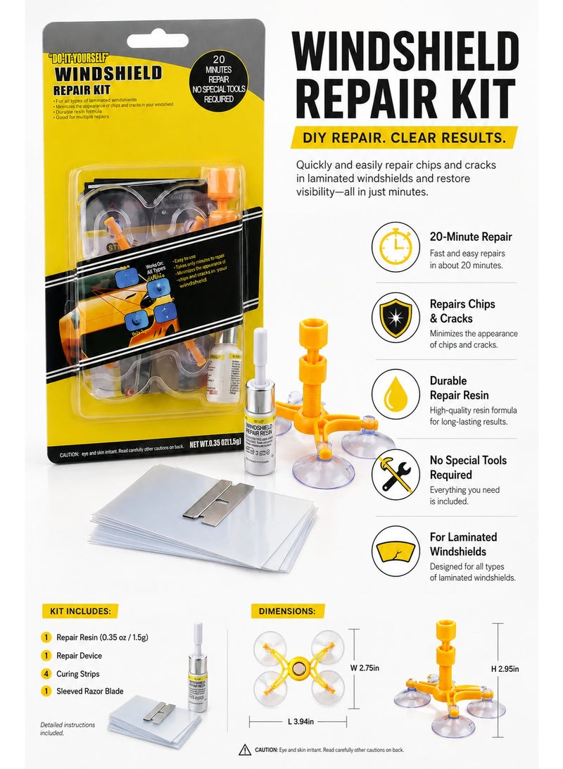 Windshield Repair Kit, DIY Car Glass Chip and Crack Repair Set with Repair Resin, Suction Repair Device, Curing Strips and Razor Blade for Laminated Windshields - Image 2