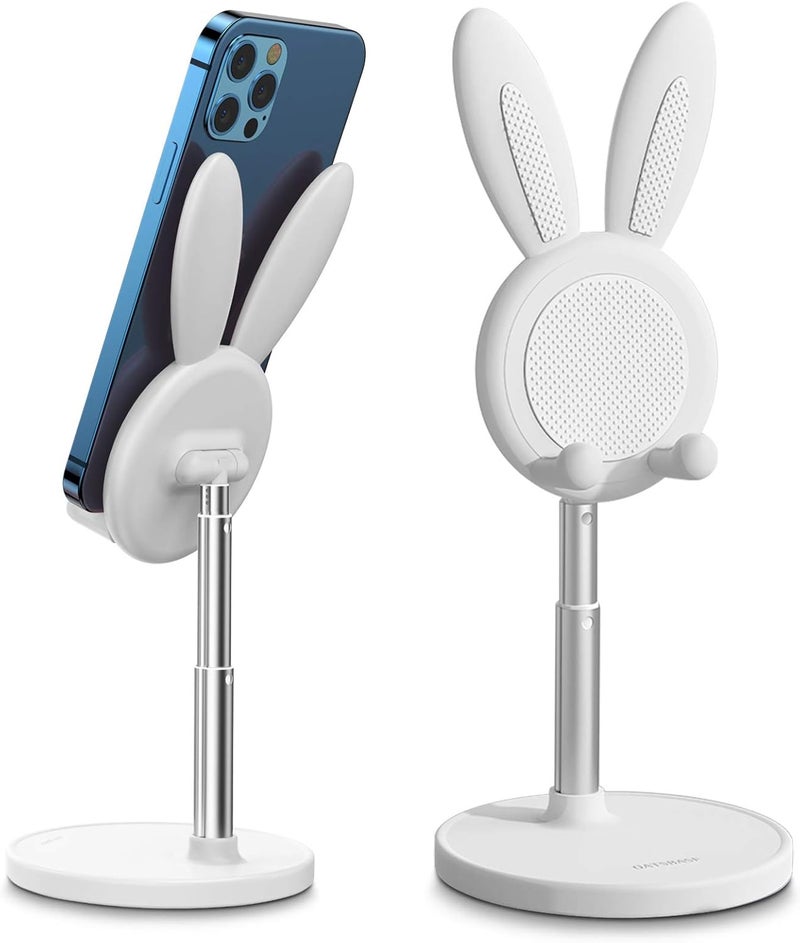 Oatsbasf Cute Cell Phone Stand, Adjustable Bunny Phone Stand for Desk, Thick Case Friendly Holder Compatible with iPhone, Kindle, iPad, Switch, All Phones (White) - Image 1