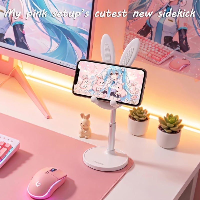 Oatsbasf Cute Cell Phone Stand, Adjustable Bunny Phone Stand for Desk, Thick Case Friendly Holder Compatible with iPhone, Kindle, iPad, Switch, All Phones (White) - Image 2