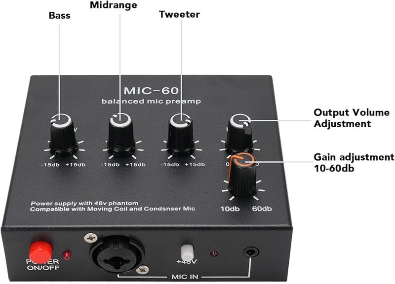 Balanced 3 Channel Microphone Preamp 60db Gain For 5V 48V Condenser Dynamic Mic With 3 5mm Sound Cable - Image 5