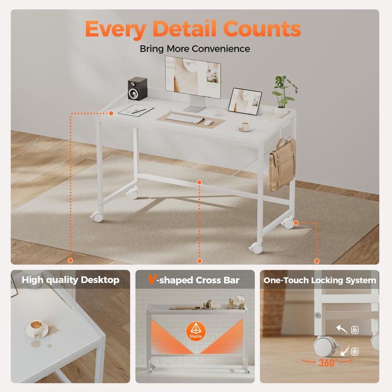 Mericonia Rolling Computer Desk with Wheels, Gaming Desk for Small Spaces, Modern Simple Style Table for Home Office, Study Writing Table - Image 5