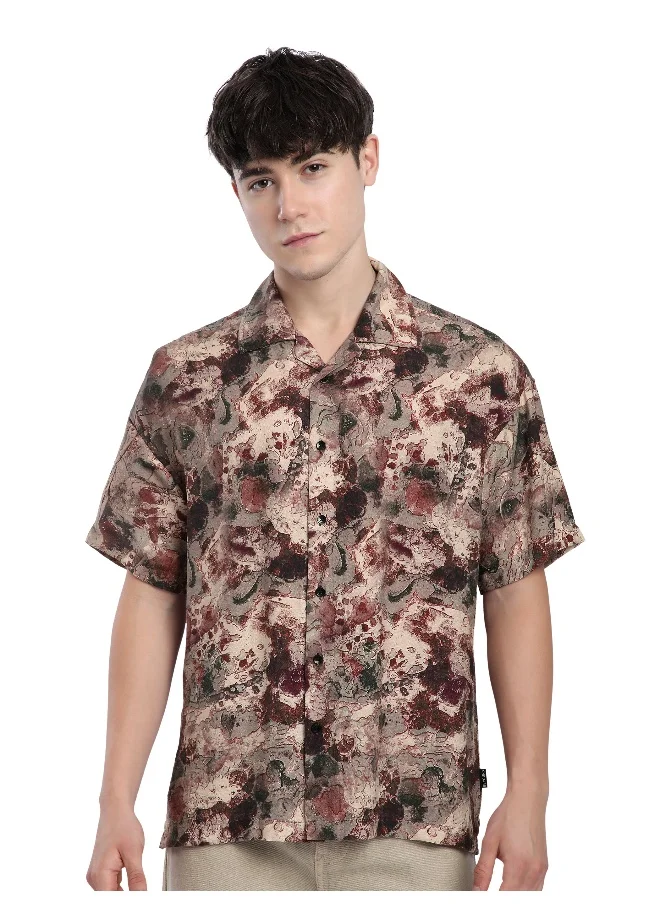 Beyoung Light Mauve Marble Printed Cuban Shirt