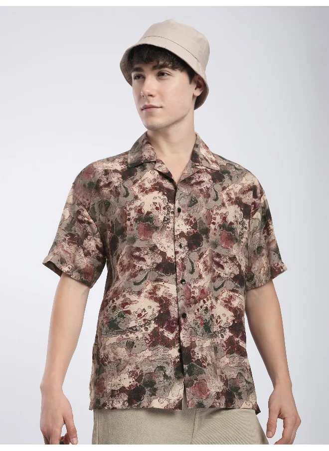 Beyoung Light Mauve Marble Printed Cuban Shirt