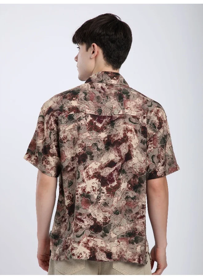 Beyoung Light Mauve Marble Printed Cuban Shirt